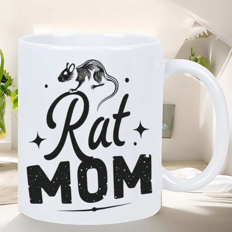 Tailorly White Ceramic 11 oz Mug - Rat Mom Stylized Black Ink Rodent Surrounded By Shining Stars And Bold Text Rat