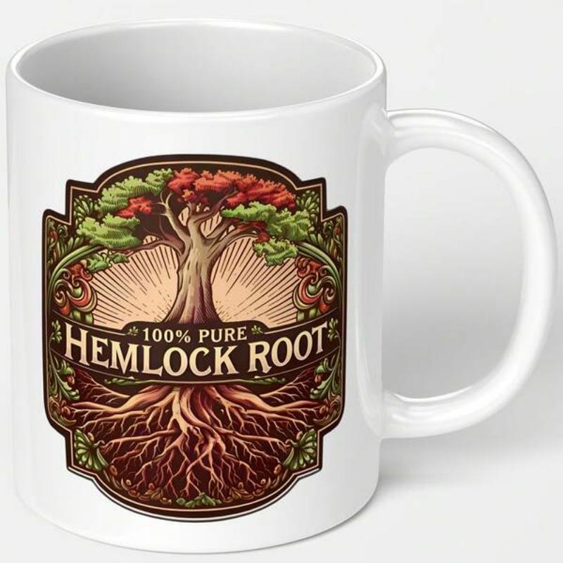 Tailorly White Ceramic 11 oz Mug - 100 Pure Hemlock Root Majestic Tree With Deep Intricate Roots Spreading Beneath Vintage Radiant Sunburst Tree
