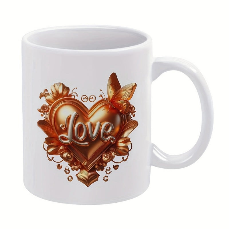 Tailorly White Ceramic 11 oz Mug - Love Intricate Golden Metallic Sculpted Heart With Elegant Swirls And Butterfly Heart
