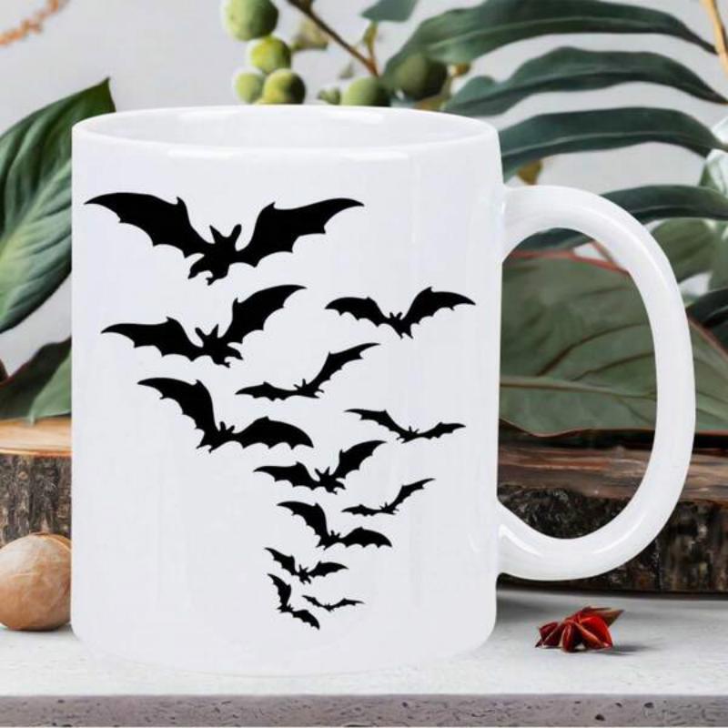 Tailorly White Ceramic 11 oz Mug - Numerous Black Flying Silhouettes Spreading Their Wings Within A Haunting Night Atmosphere Bats