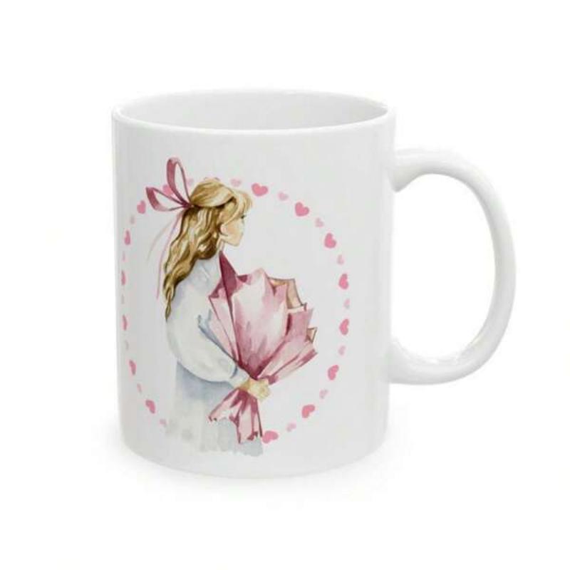 Tailorly White Ceramic 11 oz Mug - Elegant Watercolor Blonde Figure Holding Large Pink Floral Bouquet Heart Frame Girl