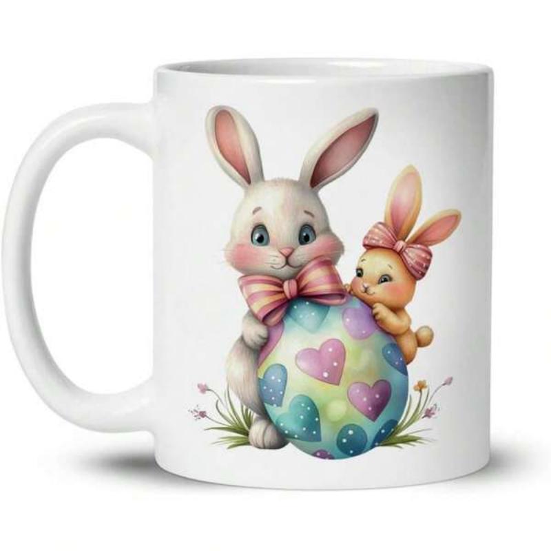 Tailorly White Ceramic 11 oz Mug - Cute Fluffy Creatures Holding Large Colorful Heart Patterned Easter Egg Rabbit