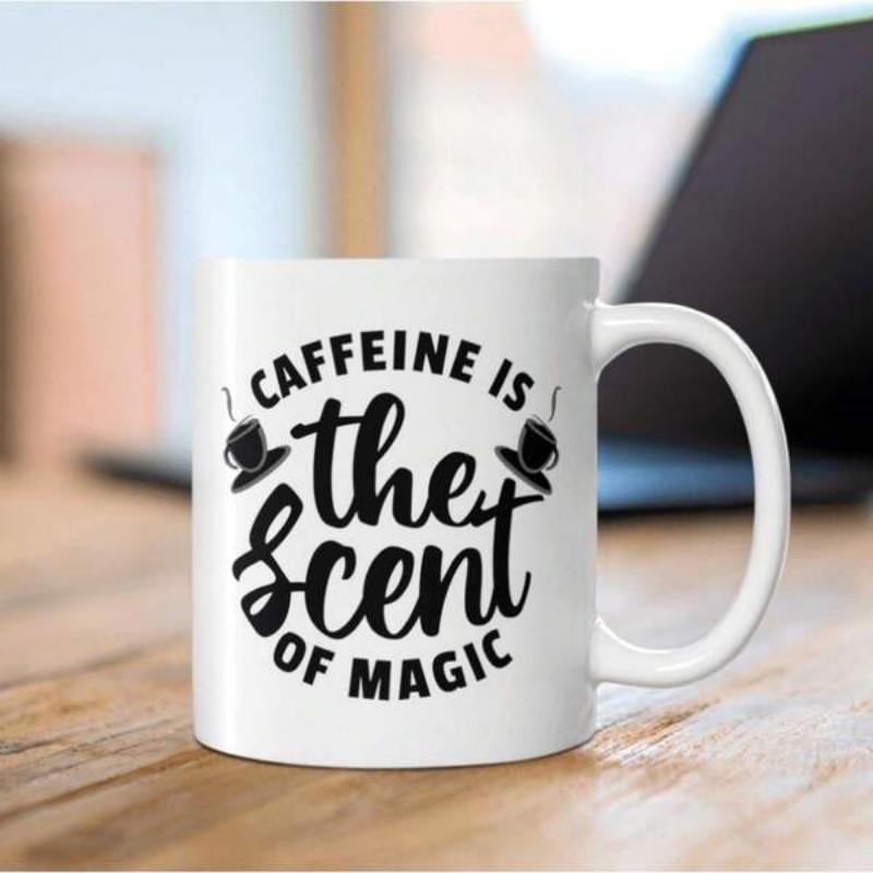 Tailorly White Ceramic 11 oz Mug - Caffeine Is The Scent Of Magic Classic Porcelain Cup With Steam Rising Gently From Fresh Dark Brewed Coffee Mug