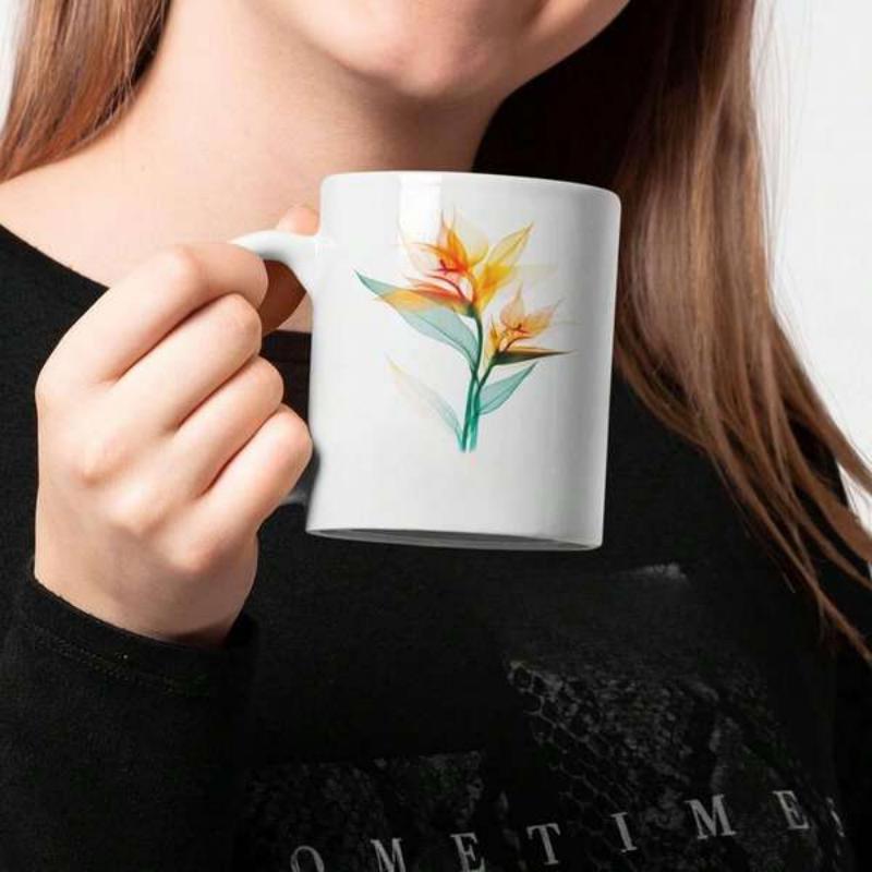 Tailorly White Ceramic 11 oz Mug - Vibrant Watercolor Tropical Bird Of Paradise Painted Artistic Flower