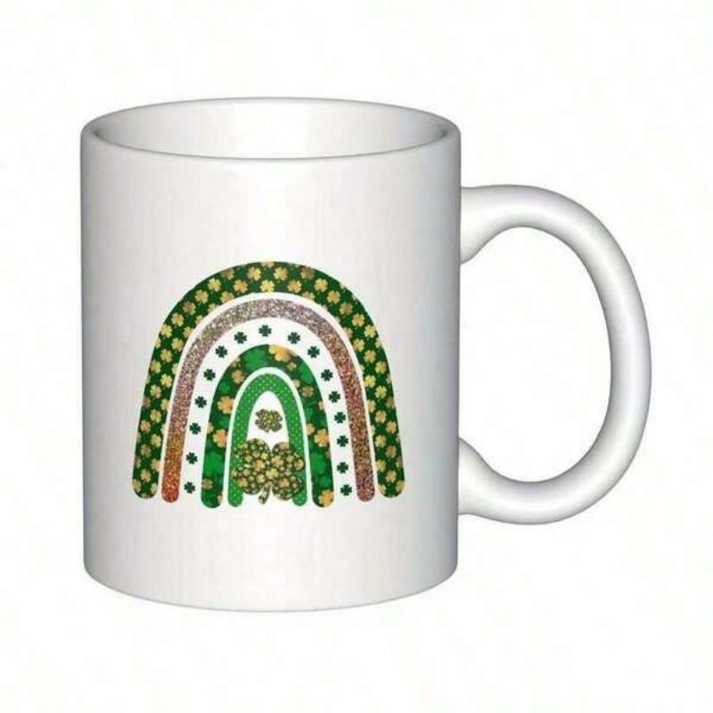 Tailorly White Ceramic 11 oz Mug - Festive St Patricks Day Themed Pattern With Sparkling Gold Shamrocks And Green Arches Rainbow