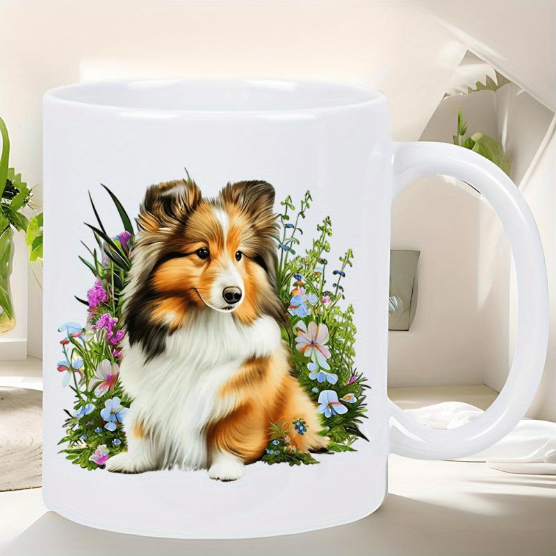 Tailorly White Ceramic 11 oz Mug - Beautiful Garden Flowers Surrounding A Majestic Fluffy Sitting Shetland Sheepdog