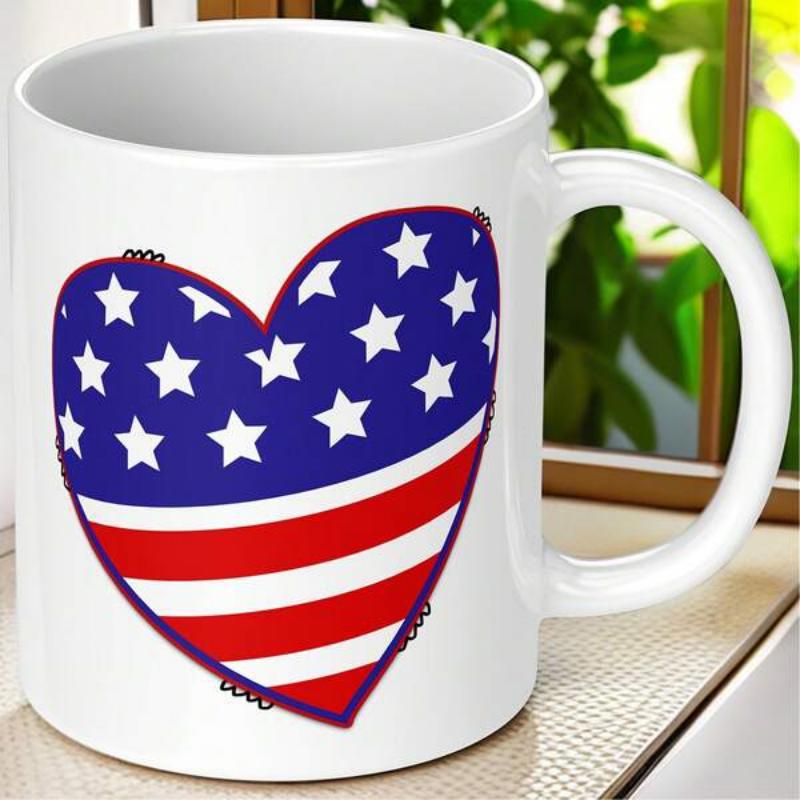 Tailorly White Ceramic 11 oz Mug - Patriotic American Flag Pattern Set Inside A Symbol Of Love Heart