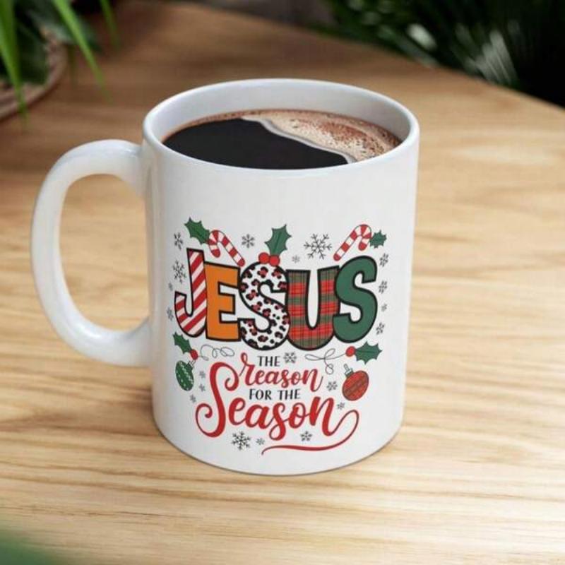 Tailorly White Ceramic 11 oz Mug - Jesus The Reason For The Season Festive Holiday Ornament Patterns With Candy Canes And Snowy Winter Foliage Mug