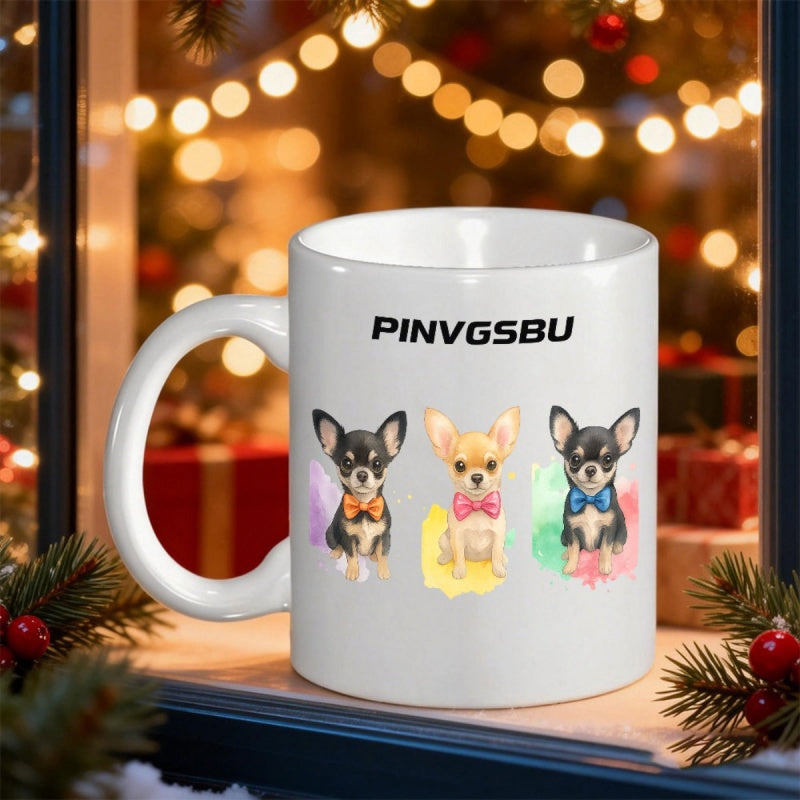 Tailorly White Ceramic 11 oz Mug - PINVGSBU Three Small Pups Wearing Colorful Bow Ties In Watercolor Style Chihuahua