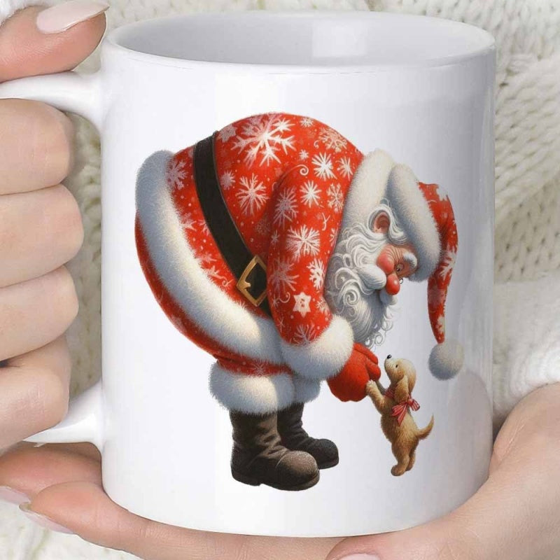 Tailorly White Ceramic 11 oz Mug - Jolly Santa Wearing Snowflake Pattern Suit Reaching Toward Small Cute Puppy Santa Claus