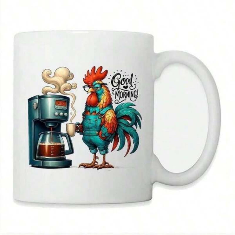 Tailorly White Ceramic 11 oz Mug - Good Morning Colorful Farmhouse Rooster Wearing Glasses Beside Steam From Coffee Machine Rooster