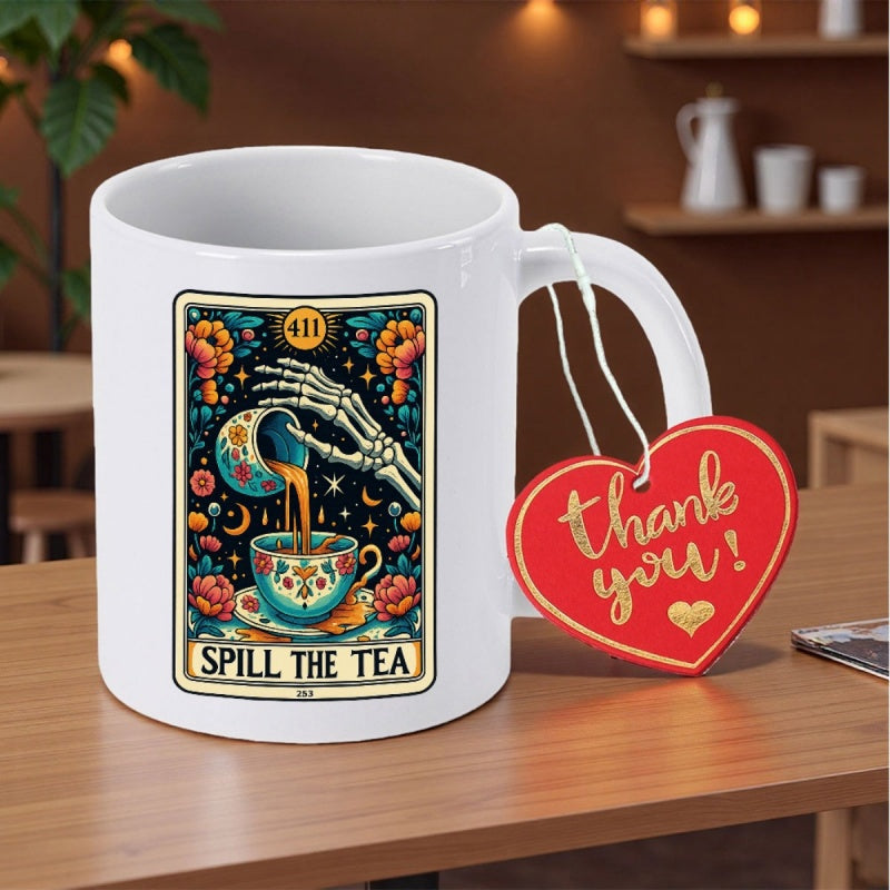 Tailorly White Ceramic 11 oz Mug - Spill The Tea Thank You Ornate Mystical Tarot Card Frame With Skeletal Hand Pouring Steaming Brew Skeleton