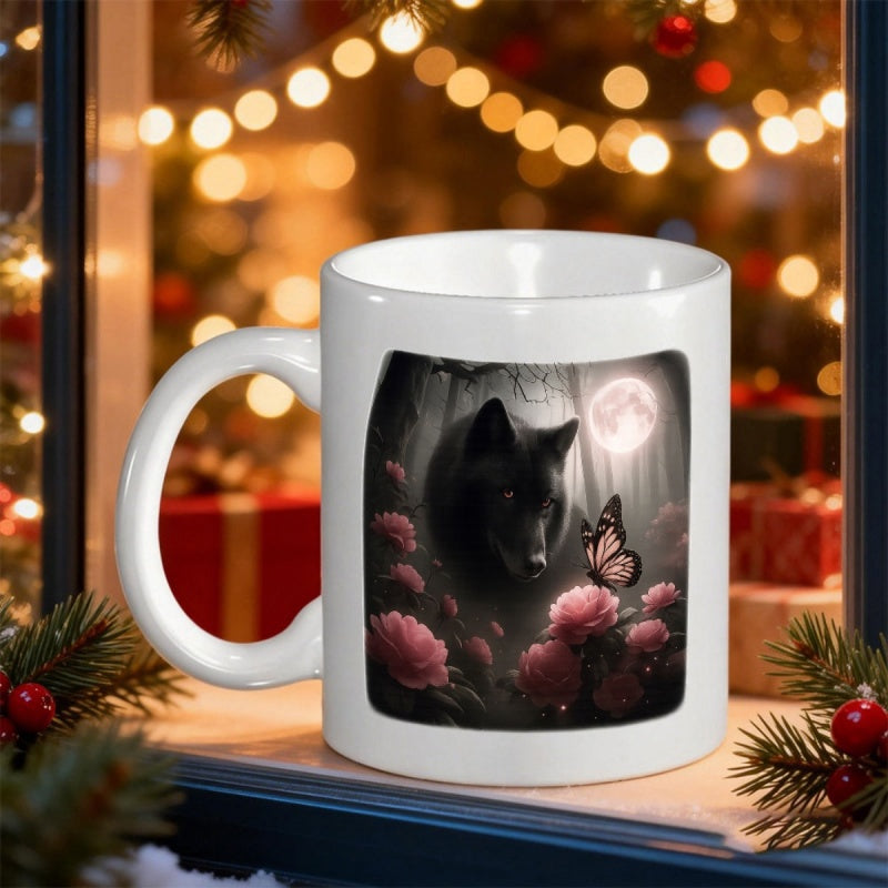 Tailorly White Ceramic 11 oz Mug - Mystical Night Forest With Glowing Moon And Blooming Pink Flowers Wolf