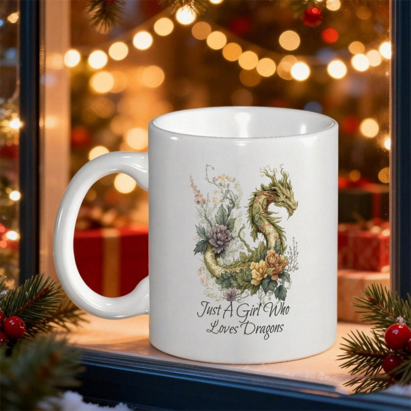 Tailorly White Ceramic 11 oz Mug - Just A Girl Who Loves Dragons Elegant Green Mythical Beast Resting Among Soft Spring Floral Blooms Dragon