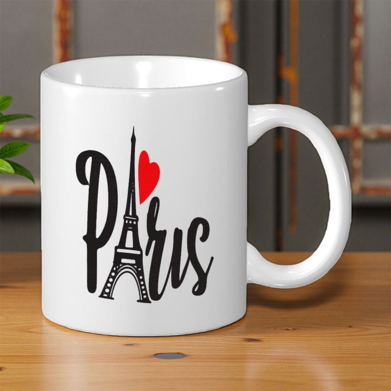 Tailorly White Ceramic 11 oz Mug - Paris Iconic Eiffel Tower Silhouette Combined With A Bright Red Heart Shape Tower