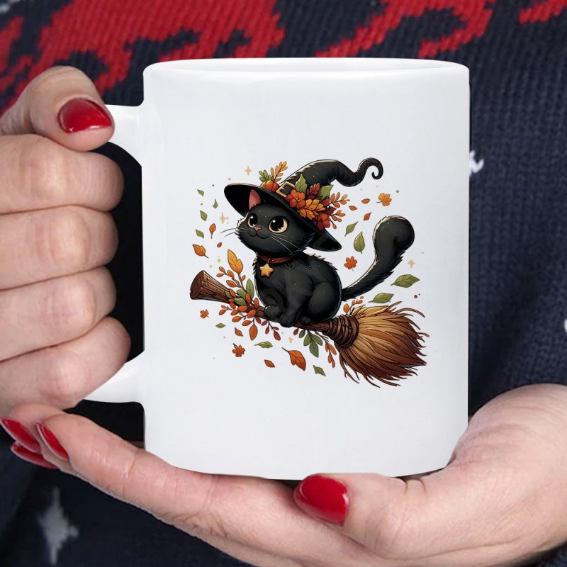Tailorly White Ceramic 11 oz Mug - Cute Black Witch Kitten Wearing Hat Riding Broom Among Autumn Leaves Cat