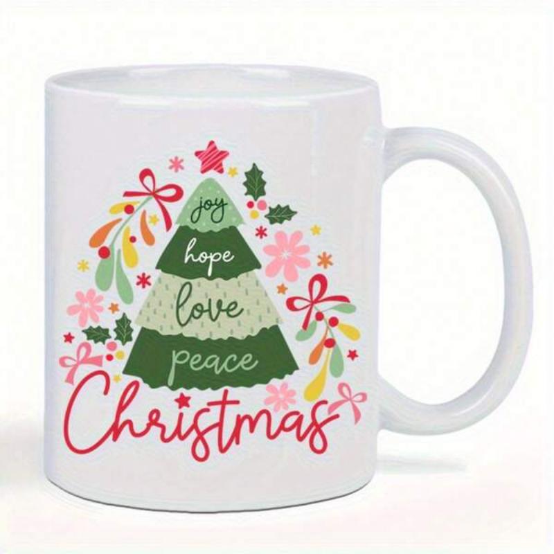 Tailorly White Ceramic 11 oz Mug - Joy Hope Love Peace Christmas Festive Layered Evergreen Decorated With Floral Wreaths And Golden Stars Tree