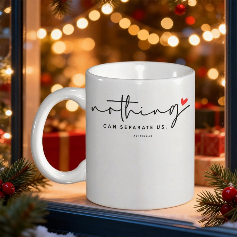 Tailorly White Ceramic 11 oz Mug - Nothing Can Separate Us Romans 8 38 39 Minimalist White Ceramic Vessel With Script Font And Tiny Heart Mug