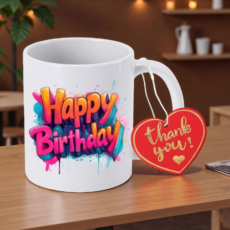 Tailorly White Ceramic 11 oz Mug - Happy Birthday Thank You Colorful Graffiti Splashes With Bold Vibrant Bubble Letters And Paint Drips Mug