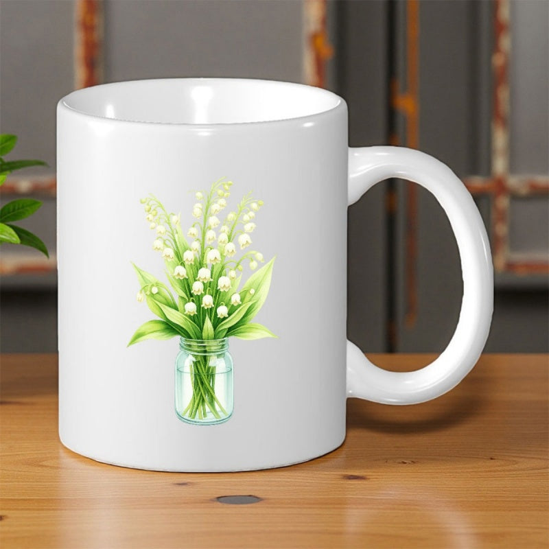 Tailorly White Ceramic 11 oz Mug - Delicate White Flowers Arranged Inside A Simple Clear Glass Jar Lily Of The Valley
