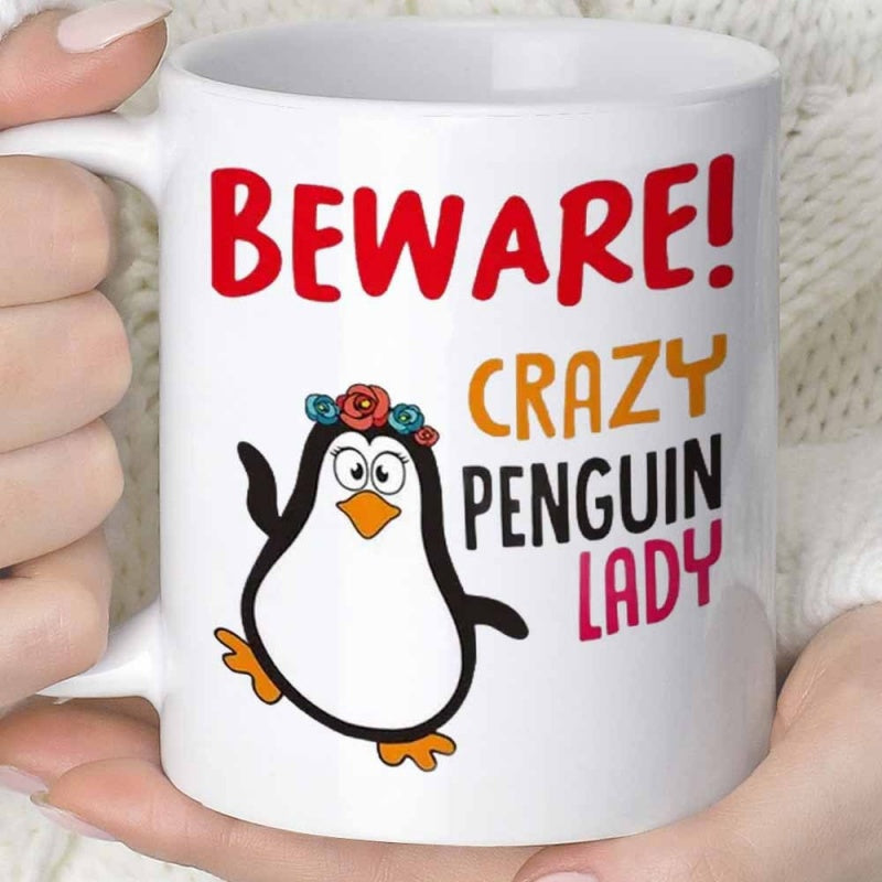 Tailorly White Ceramic 11 oz Mug - Beware Crazy Penguin Lady Adorable Cartoon Bird Wearing Colorful Floral Crown Dancing Joyfully Penguin