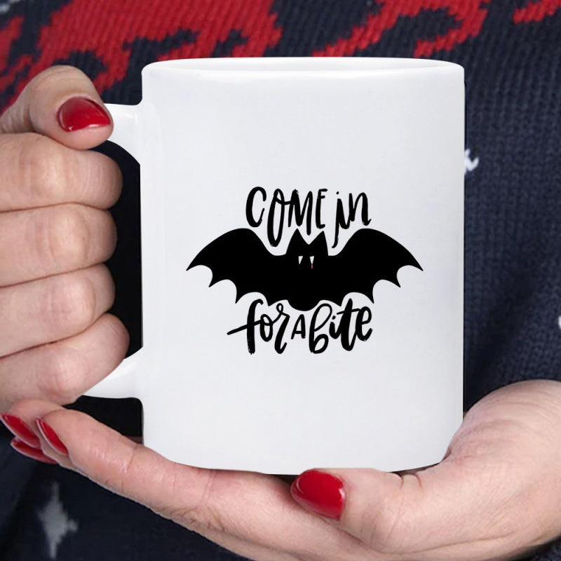 Tailorly White Ceramic 11 oz Mug - Come In For A Bite Spooky Black Flying Silhouette Featuring Decorative Handlettered Halloween Script Bat