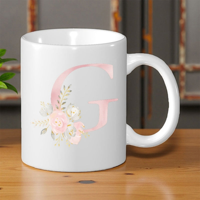Tailorly White Ceramic 11 oz Mug - G Pink Watercolor Alphabet Design With Blooming Roses And Soft Green Leaves Letter