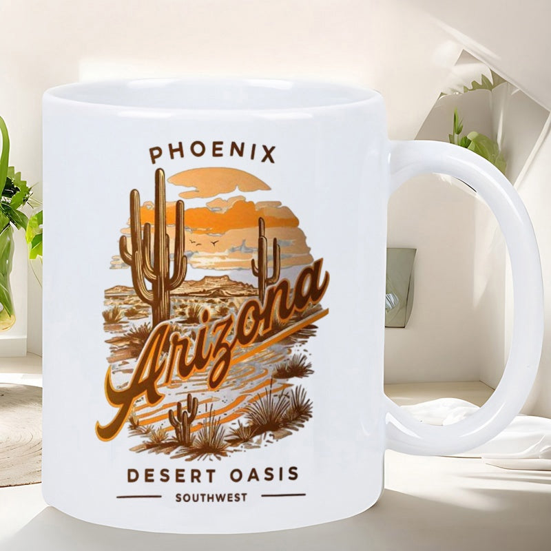 Tailorly White Ceramic 11 oz Mug - Phoenix Arizona Desert Oasis Southwest Vintage Retro Landscape With Saguaro Cacti Standing Under A Warm Golden Sunset Cactus