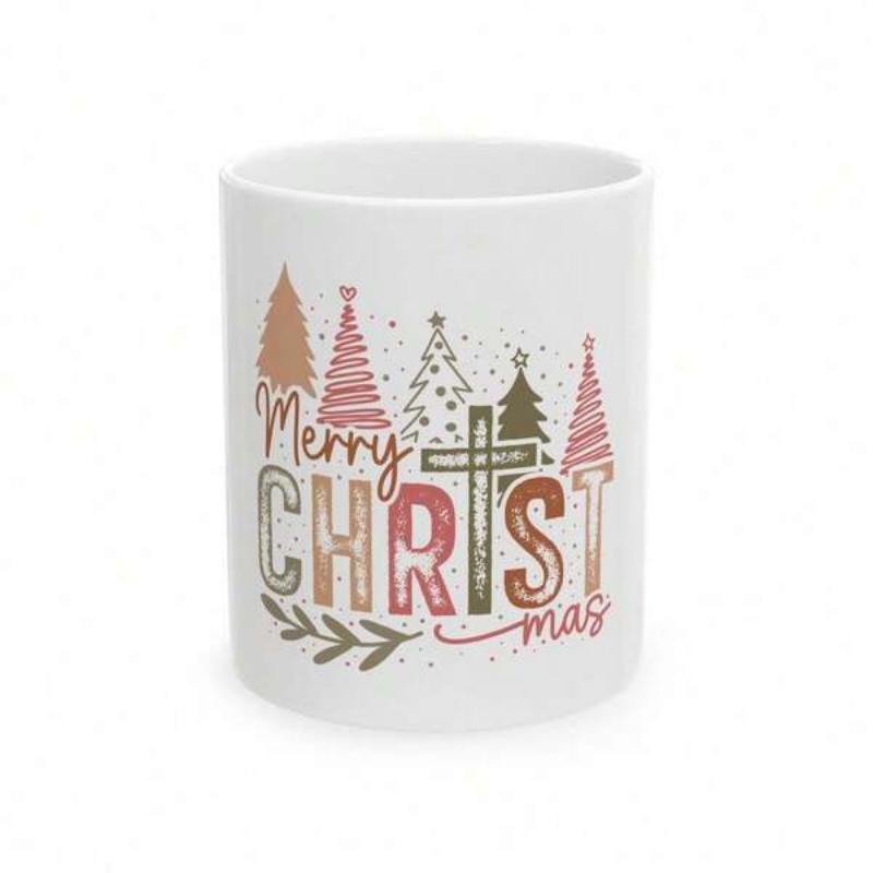 Tailorly White Ceramic 11 oz Mug - Merry Christmas Stylized Colorful Pine Trees With Religious Cross Among Muted Winter Leaves Tree