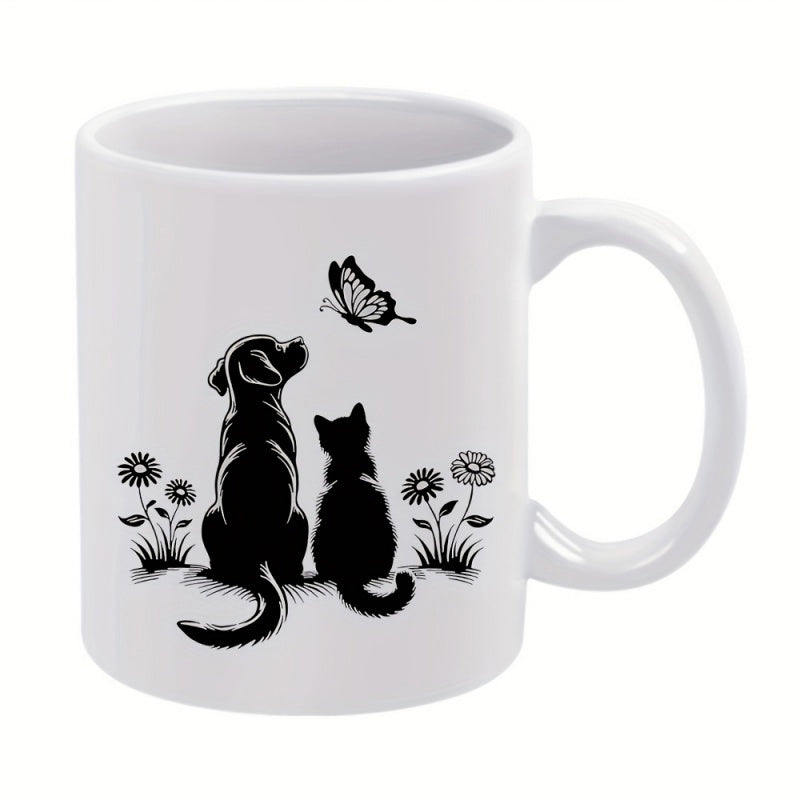 Tailorly White Ceramic 11 oz Mug - Silhouette Of A Cat And Dog Watching A Flying Butterfly Flowers Animal