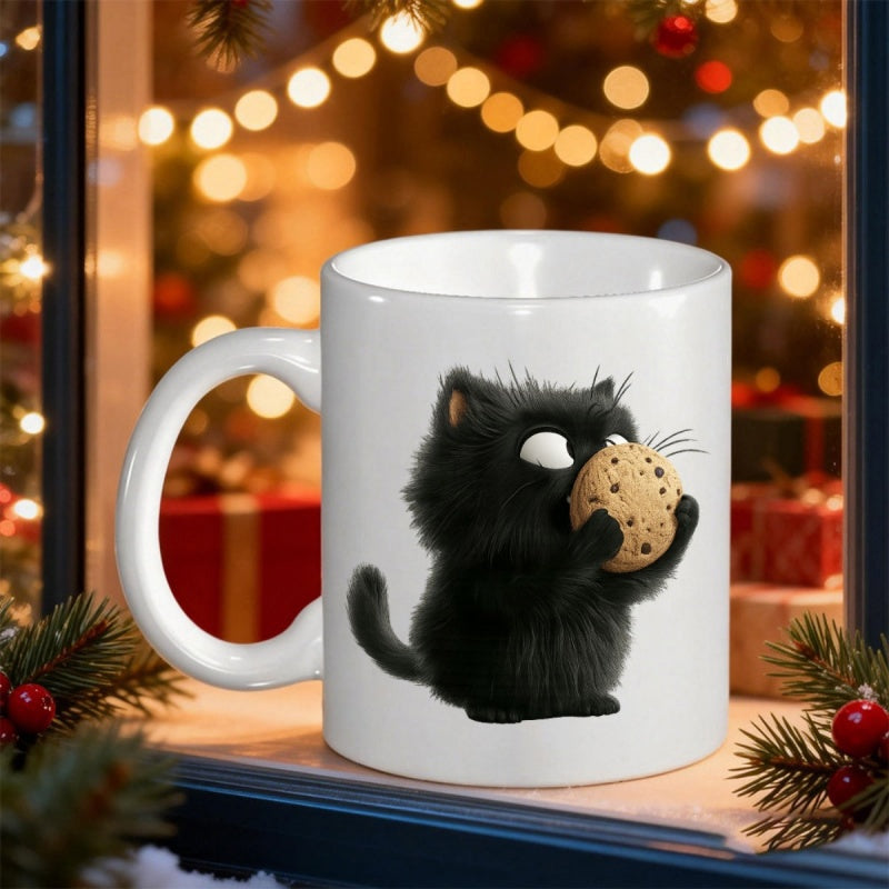 Tailorly White Ceramic 11 oz Mug - Cute Fluffy Black Cartoon Kitten Holding Large Sweet Cookie Cat