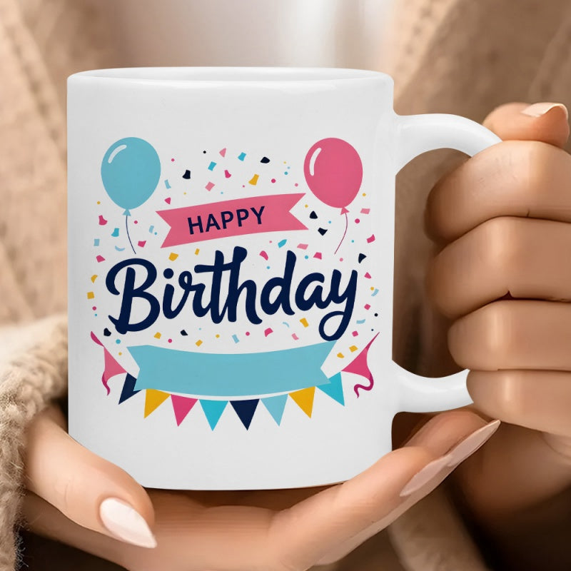 Tailorly White Ceramic 11 oz Mug - Happy Birthday Colorful Balloons And Confetti Floating Over A Decorative Festive Banner Celebration