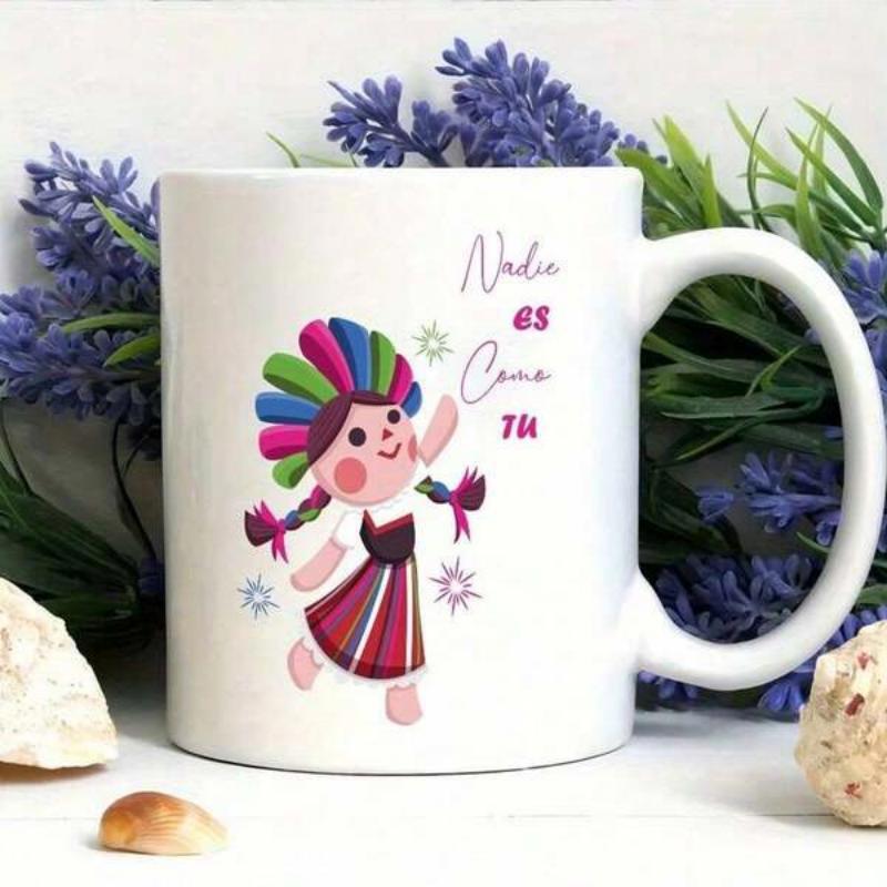Tailorly White Ceramic 11 oz Mug - Traditional Colorful Mexican Folk Art Character With Vibrant Ribbons And Dress Doll