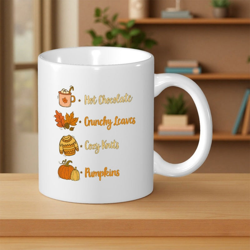 Tailorly White Ceramic 11 oz Mug - Hot Chocolate Crunchy Leaves Cozy Knits Pumpkins Warm Golden Seasonal Icons Showcasing Cozy Fall Vibes And Harvest Pumpkin
