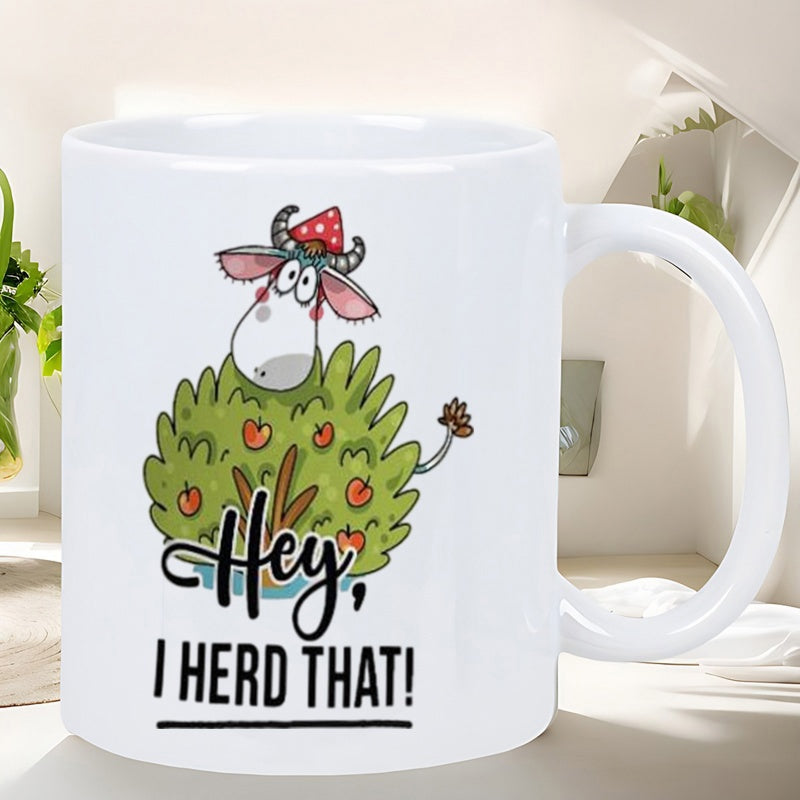 Tailorly White Ceramic 11 oz Mug - Hey I Herd That Funny Cartoon Peeking Through Green Bush With Red Apples Cow