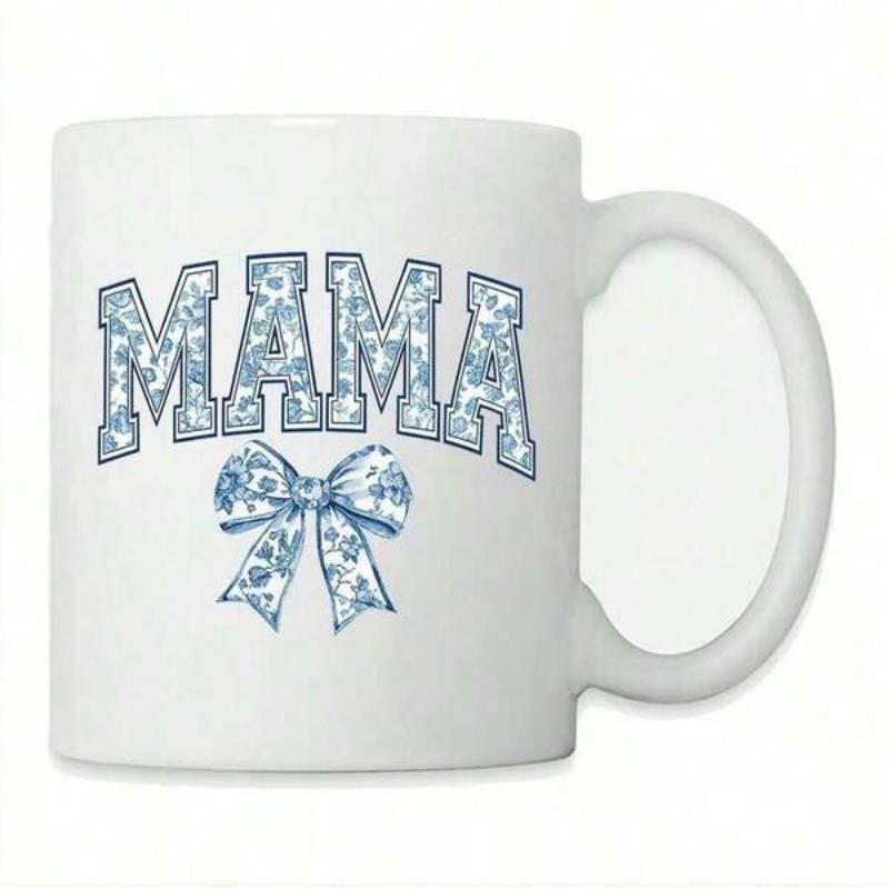 Tailorly White Ceramic 11 oz Mug - Mama Elegant Blue Floral Patterned Varsity Letters Accompanied By A Matching Ribbon Bow