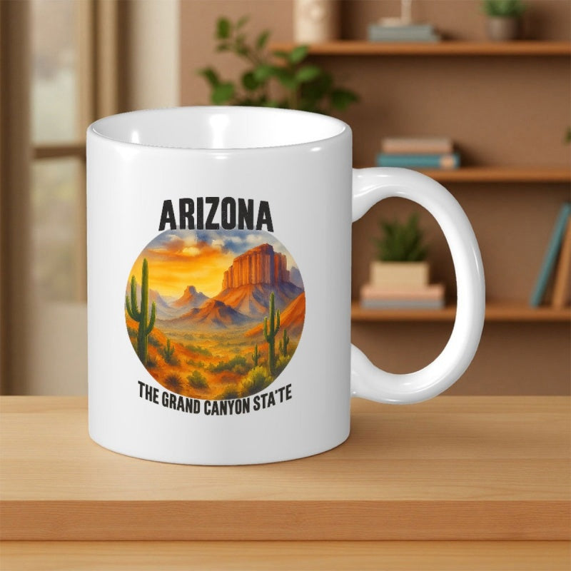 Tailorly White Ceramic 11 oz Mug - Arizona The Grand Canyon State Vibrant Desert Scene With Saguaro Cacti And Majestic Red Rock Mountains Landscape
