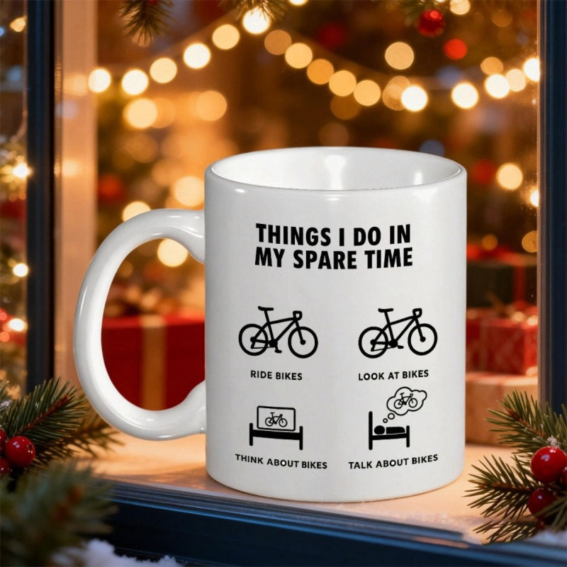 Tailorly White Ceramic 11 oz Mug - Things I Do In My Spare Time Minimalist Black Icons Depicting Various Daily Cycling Lifestyle Activities Bicycle
