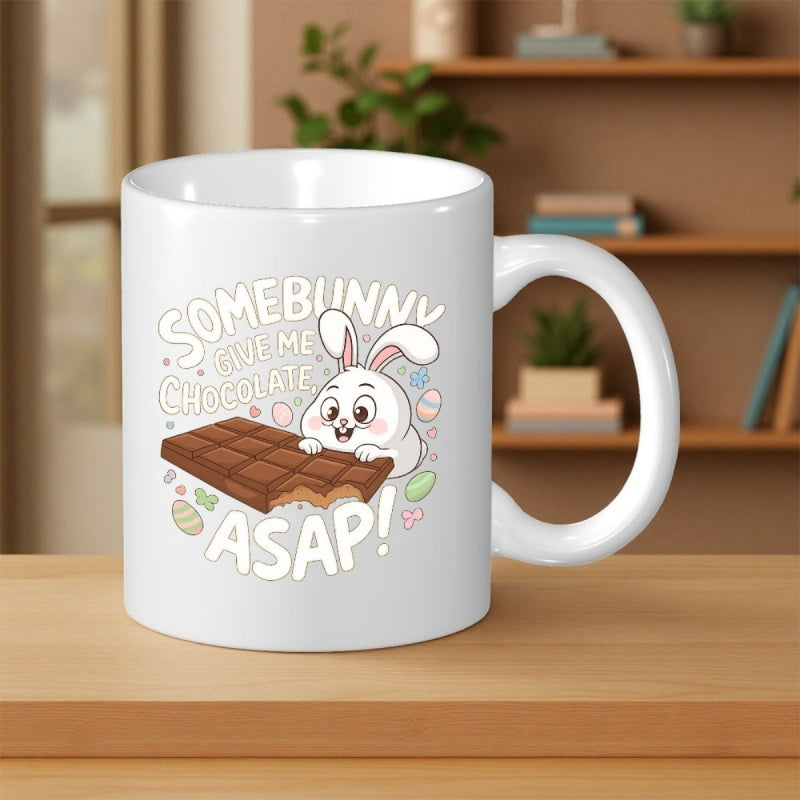 Tailorly White Ceramic 11 oz Mug - Somebunny Give Me Chocolate ASAP Cute White Bunny Peeking Over Large Bar Of Sweet Chocolate Rabbit