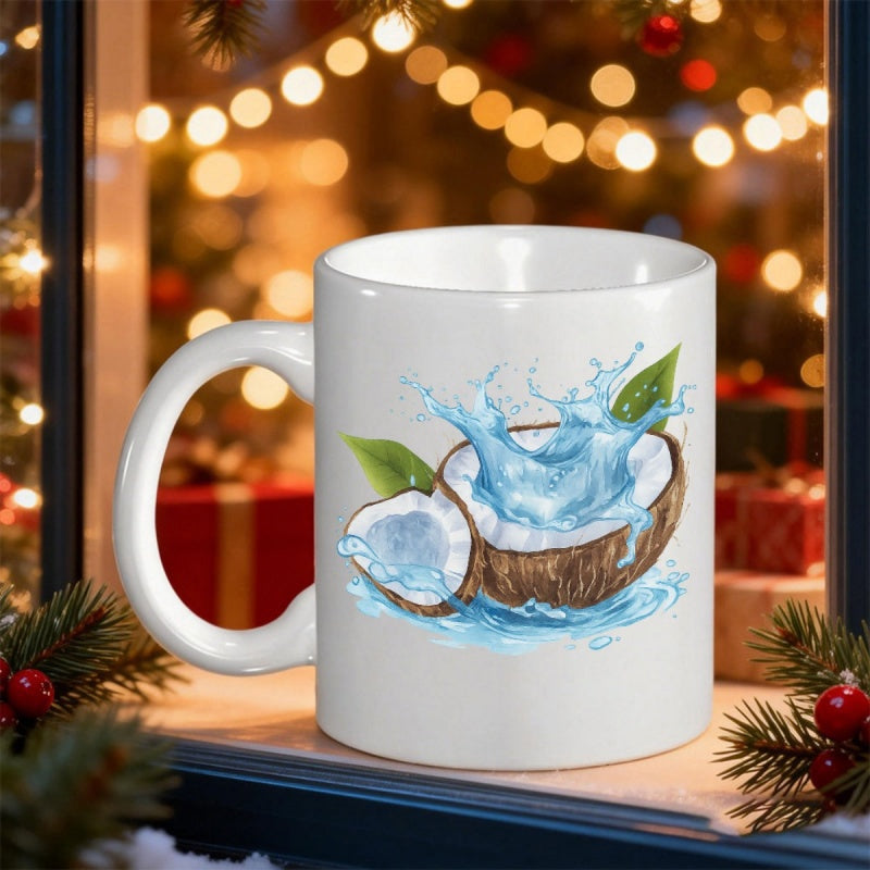 Tailorly White Ceramic 11 oz Mug - Refreshing Blue Water Splashing From A Tropical Cracked Open Brown Coconut