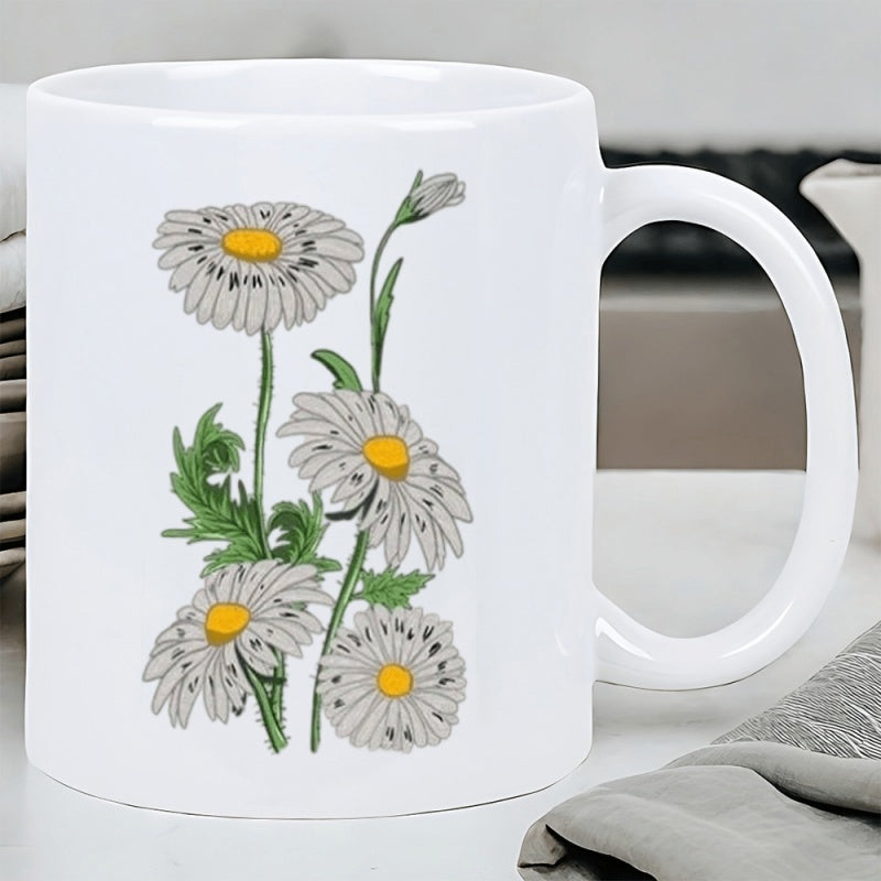 Tailorly White Ceramic 11 oz Mug - Elegant White Daisies Growing With Green Leaves And Sturdy Stems Flower