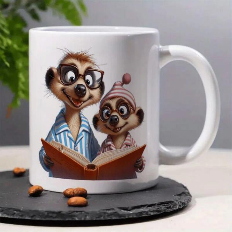 Tailorly White Ceramic 11 oz Mug - Two Adorable Cartoon Meerkats Wearing Glasses Reading A Storybook Meerkat