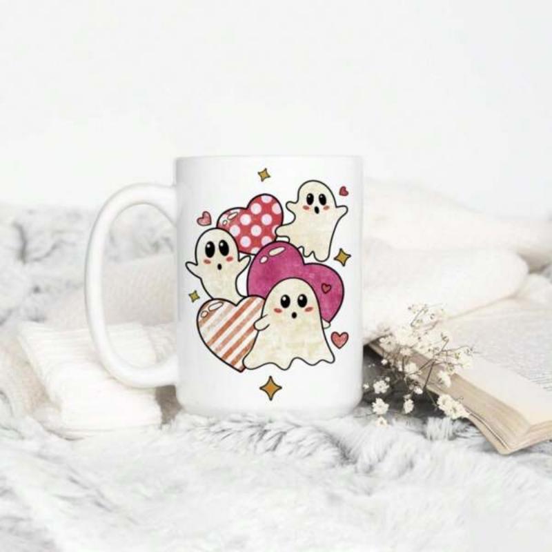 Tailorly White Ceramic 11 oz Mug - Adorable Little Spirits Surrounded By Vibrant Pink Hearts And Golden Sparkles Ghost