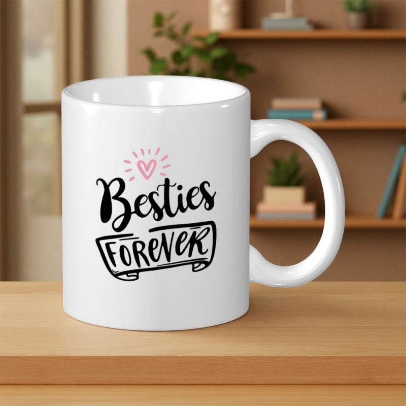 Tailorly White Ceramic 11 oz Mug - Besties Forever Artistic Typography Accompanied By A Small Pink Hand Drawn Heart Mug