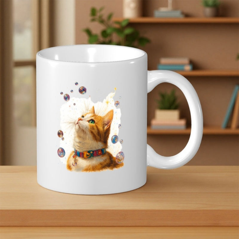 Tailorly White Ceramic 11 oz Mug - Adorable Orange Tabby Looking Up At Floating Bubbles With Artistic Style Cat