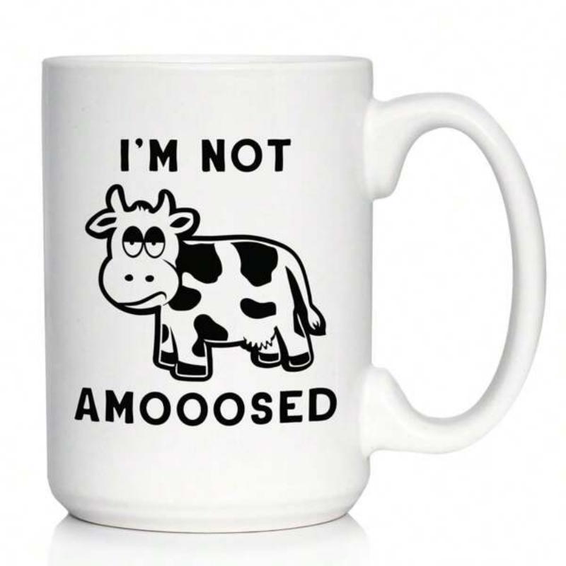 Tailorly White Ceramic 11 oz Mug - Im Not Amooosed Simple Cartoon Cow With Black Spots And Grumpy Expression Cow