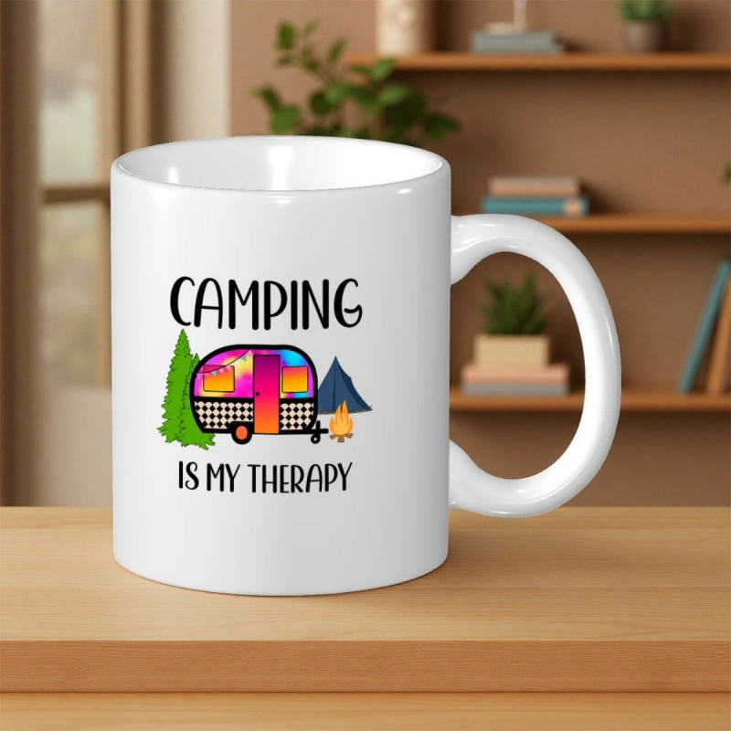 Tailorly White Ceramic 11 oz Mug - Camping Is My Therapy Colorful Retro Camper Parked Beside Green Pine Tree And Small Campfire Camper