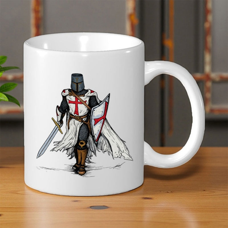 Tailorly White Ceramic 11 oz Mug - Brave Medieval Crusader Walking With Protective Shield Holding Sharp Sword Knight