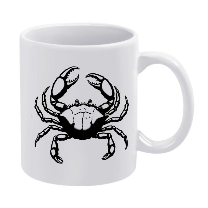 Tailorly White Ceramic 11 oz Mug - Vintage Minimalist Black Ink Drawing Of A Sea Creature Coastal Crab