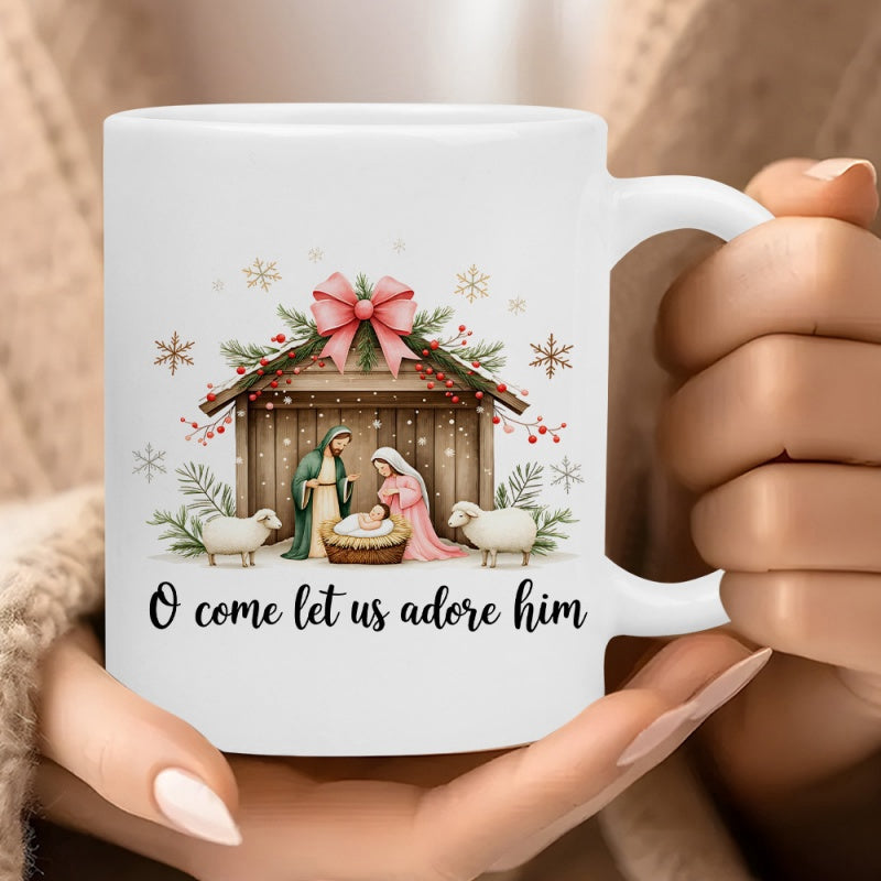Tailorly White Ceramic 11 oz Mug - O Come Let Us Adore Him Sacred Manger Scene With Holy Family And Lambs Under Pine Branches Nativity